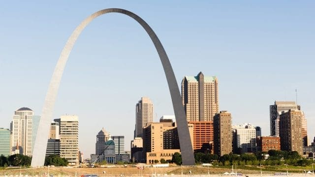 The Mississippi River waterfront and the Gateway Arch in St Louis Missourri