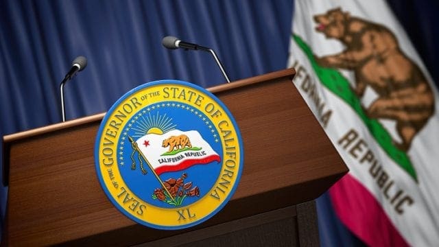 Press conference of governor of the state of California concept. Seal of the governor of the State of California on the tribune with flag of USA and California state.  3d illustration