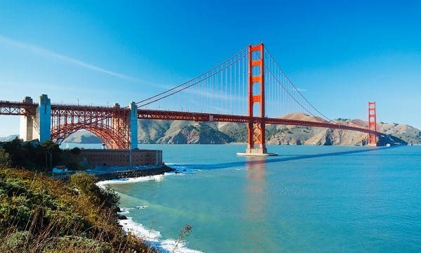 The Golden Gate Bridge in San Francisco with beautiful blue ocean in background