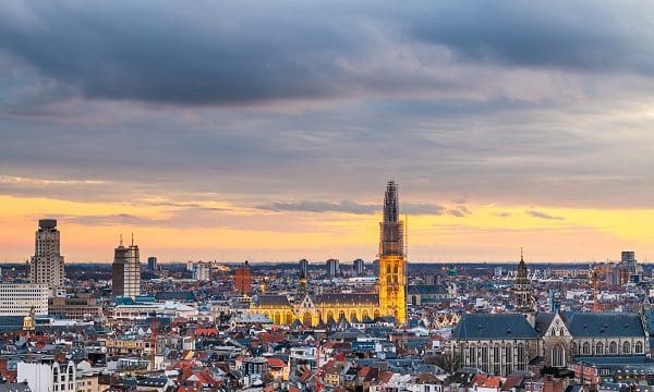 Antwerp, Belgium cityscape from above at twilight.