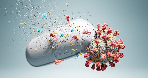Drug for Coronavirus Covid-19. Pill destroying Covid19 virus. Medicine, pharmacy