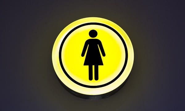 Toilet female signs on the abstract wall background. Copy space. Woman gender concept