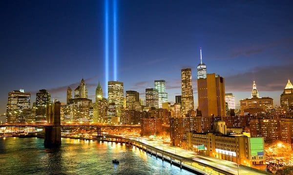 New York City skyline and the Towers of Lights (Tribute in Light)