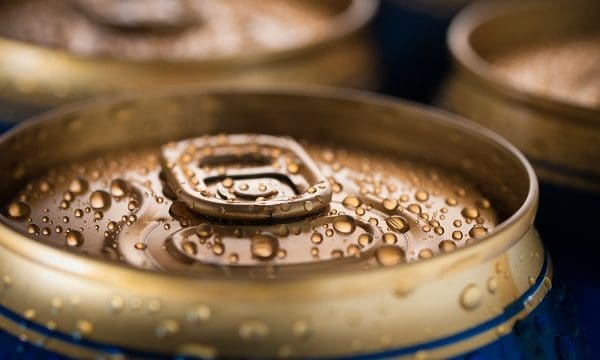 Top part of beer cans, close up view