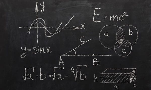 Maths formulas written with white chalk on the blackboard. Algebra and geometry equations, educational background