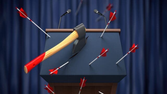 Critics and disagreement with politician speech on debates concept. Tribune with axe and arrows. 3d illustration