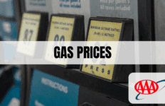 Text which says Gas Prices with the AAA logo in the lower-right-hand corner with gas pumps in the background