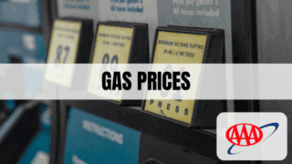 Text which says Gas Prices with the AAA logo in the lower-right-hand corner with gas pumps in the background