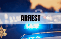 Box with text that says Arrest with police car in background and Hall County Sheriff's Office badge in lower-left-hand corner