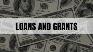 Rectangle containing the text Loans and Grants with an image of cash in the background.