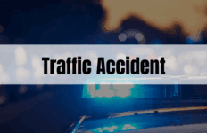Rectangle containing the text Traffic Accident with police car lights in the background