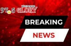 Graphic with 97.5 Glory FM logo and the words Breaking and News on parallelograms with a red design in the background