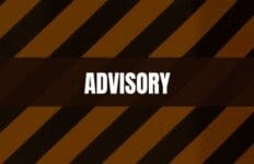 Text that says Advisory on a brown rectangle with caution stripes in the background