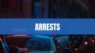 Text that says Arrests on a light blue rectangle with police cars in the background