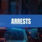 Text that says Arrests on a light blue rectangle with police cars in the background