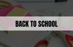 Text that says Back to School on white rectangle with school supplies in the background