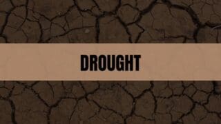 Text that says Drought on an amber rectangle with an image of dry cracked ground in the background