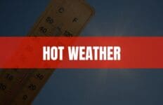 Text that says Hot Weather on a red rectangle with a thermometer and the sun in the background