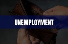 Text that says Unemployment on a dark blue rectangle with an open wallet in the background