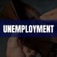 Text that says Unemployment on a dark blue rectangle with an open wallet in the background