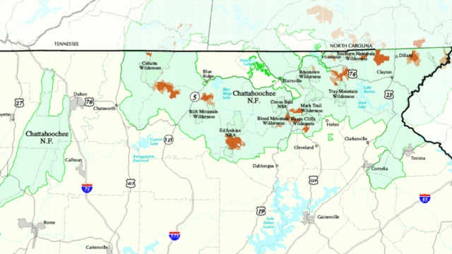 Map of Chattahoochee National Forest. Dark colored areas are current roadless-protected areas. (USDA map)
