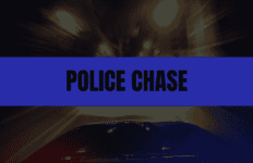 Blue rectangle with black text that says Police Chase and a fast-moving police car in the background.