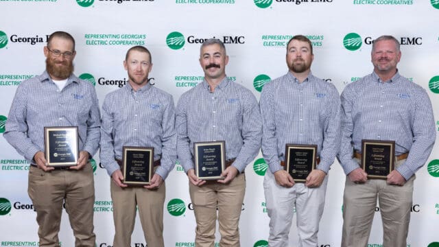  A Jackson EMC crew with Michael Simmons, Jacob Miller, Kyler Hosch, Andrew Quint and Paul Everett was awarded a Georgia EMC Life Saving Award for their efforts helping two people involved in a severe two-car accident in Gwinnett County. 

(Jackson EMC photo)
