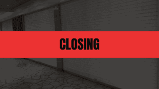 Text that says Closing on a red rectangle with an image of rolling service doors in the background.