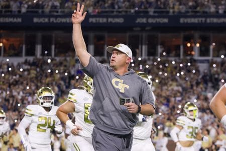 Nov 22, 2025: Georgia Tech head coach Brent Key runs on the field before a game against the Pittsburgh Panthers at Bobby Dodd Stadium. (Credit: Brett Davis-Imagn Images)