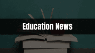Text saying Education News on a black rectangle with school supplies in the background.