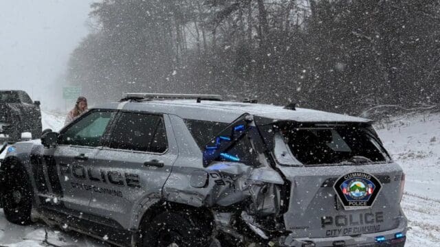 Two Cumming police cars were involved in separate accidents Sunday morning while on routine patrol.  The officers were not injured.  (Courtesy Cumming Police)