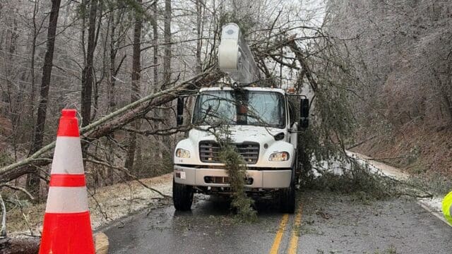 Habersham EMC crew works to restore power in early February following late January winter storm. (Habersham EMC photo)