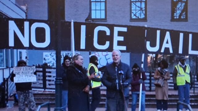Sen. Chris Van Hollen (D-Maryland) speaks to protesters against locating an ICE detention facility in Hagerstown, Maryland, recently. (Photo courtesy Sen. Van Hollen's office)