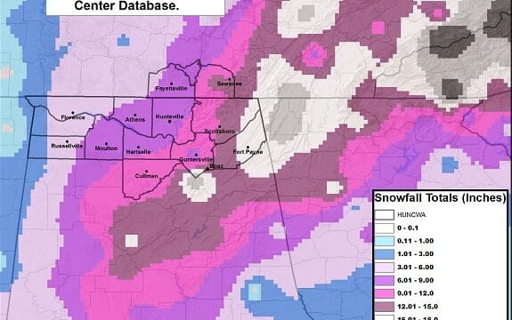 NWS map detailing snowfall across the south on March 13-14, 1993)