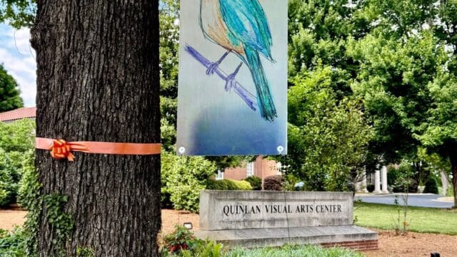 Ann Alexander's drawing of a saddened bluebird dots properties along Green Street.  (Photo by Kristine Aldridge Alexander)