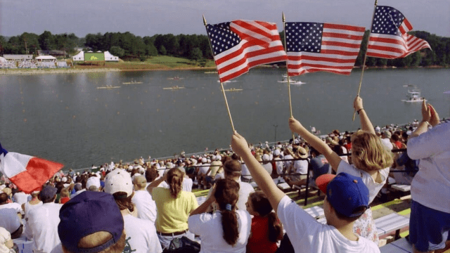 Part of crowd at one of the Olympics events held on Lake Lanier 30 years ago this summer.  (File photo exploregainesville.org)