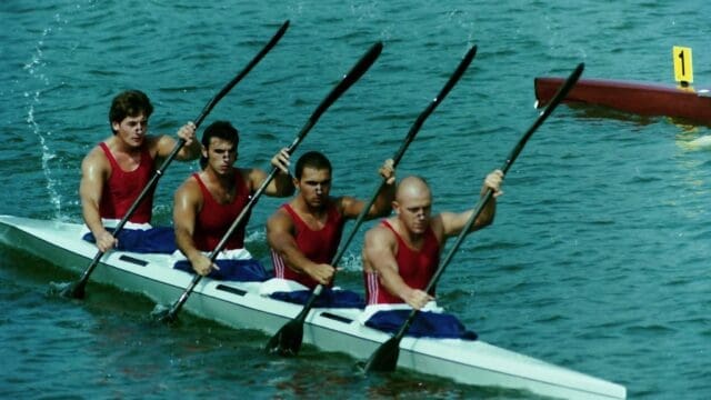 Unidentified canoe team participating in the 1996 Summer Olympics on Lake Lanier.  (Lake Lanier Olympic photo)