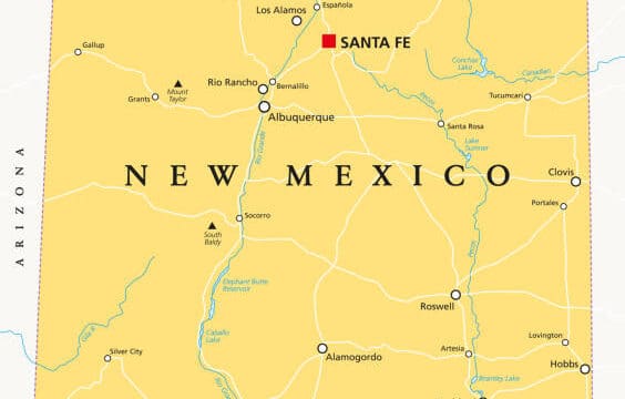 New Mexico, political map, with capital Santa Fe, borders, important cities, rivers and lakes.
State in the Southwestern region of United States of America. English labeling. Illustration. Vector.