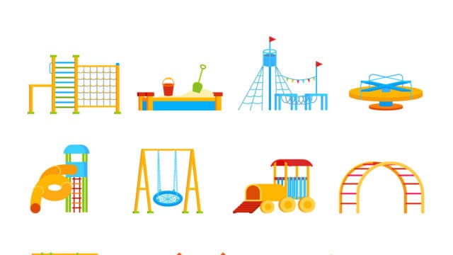 Sixteen isolated childrens playground equipment elements set with flat cartoon icons of carrousels seesaws and slippery dips vector illustration