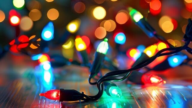 Festive Christmas lights against a soft transparent white surface, evoking holiday spirit