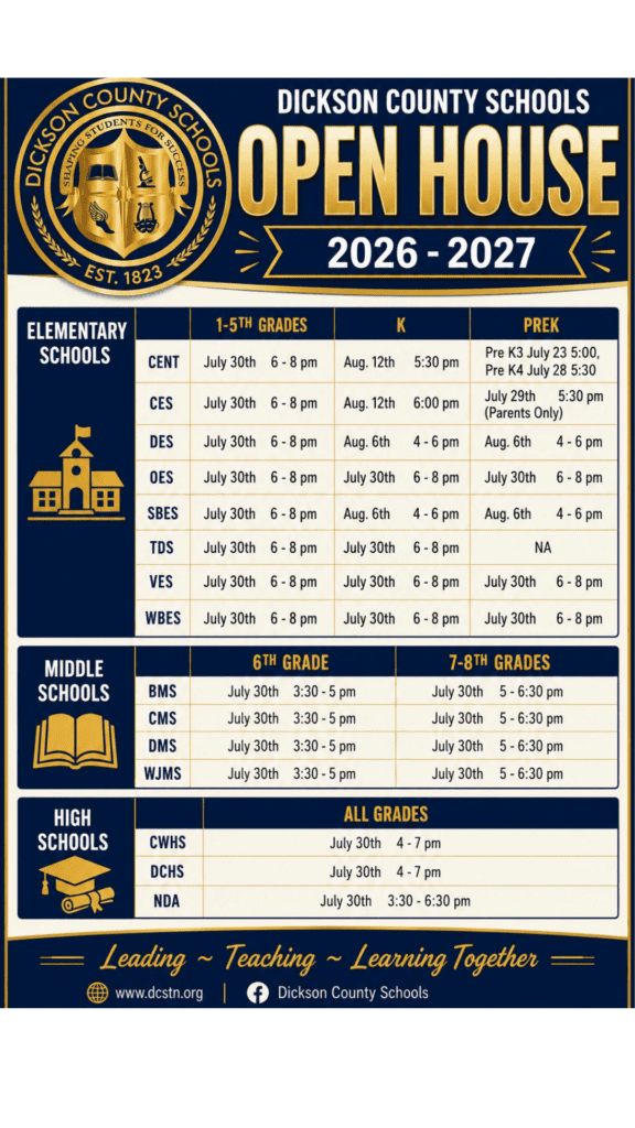 Dickson County Schools - Open House Schedule 2026-2027 | 101.5 The Ride ...